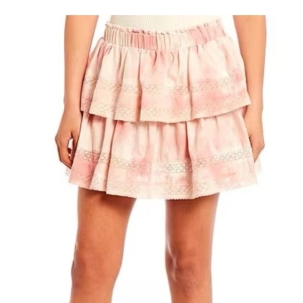 Chelsea & Violet Linen Pink Tie Dye Lace Tiered Mini Skirt Large - Picture 2 of 7
